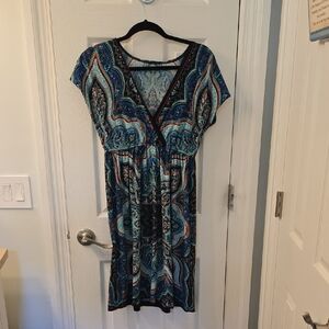 Bohemian Blue and Black Dress *no size tag* Approx 17" Pit To Pit (0816)